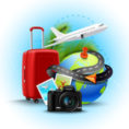 Vacation and holidays background with realistic globe suitcase and photo camera vector illustration